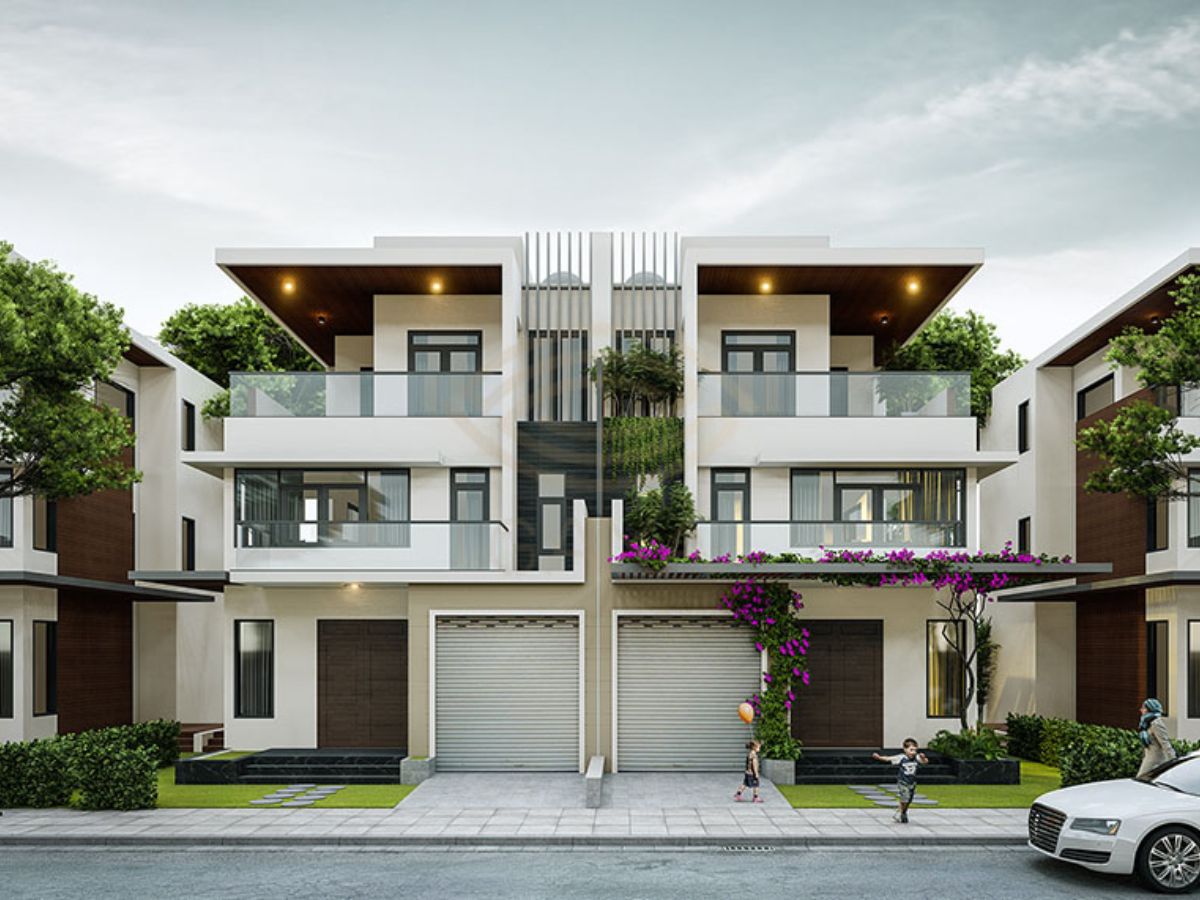 Thiết kế biệt thự liền kề hiện đại với đường n&eacute;t gọn g&agrave;ng c&ugrave;ng hệ cửa k&iacute;nh lớn th&ocirc;ng tho&aacute;ng