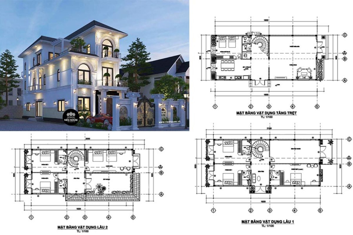 Bản vẽ mặt bằng bố tr&iacute; kh&ocirc;ng gian của biệt thự 3 tầng