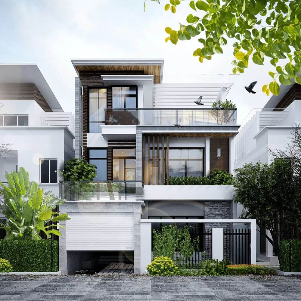 Mẫu biệt thự hiện đại với gam m&agrave;u trung t&iacute;nh h&agrave;i h&ograve;a