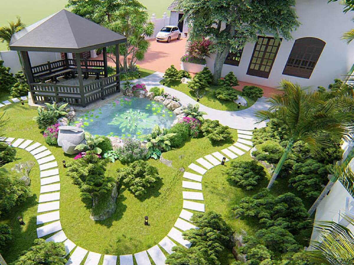 Biệt thự s&acirc;n vườn đẹp c&oacute; nh&agrave; ch&ograve;i thư gi&atilde;n v&agrave; lối đi l&aacute;t đ&aacute;