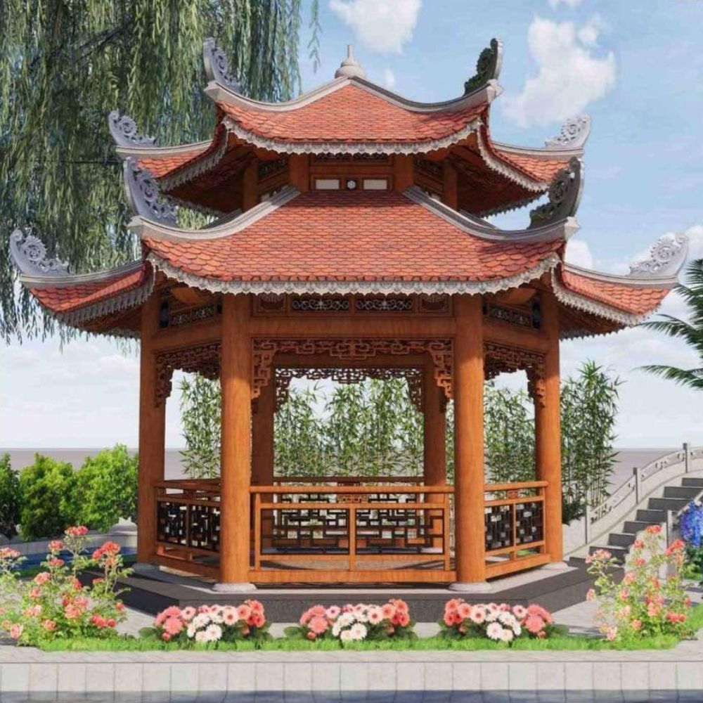 Nh&agrave; ch&ograve;i lục gi&aacute;c m&aacute;i ng&oacute;i đỏ đặc trưng c&aacute;c chi tiết uốn cong tinh xảo&nbsp; gợi nhớ h&igrave;nh ảnh đ&igrave;nh, ch&ugrave;a Việt xưa, tạo cảm gi&aacute;c trang nghi&ecirc;m, bề thế