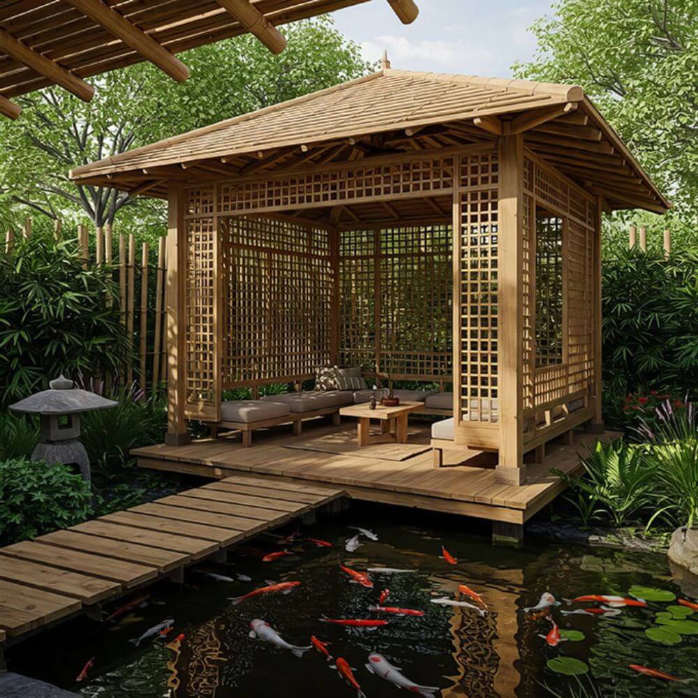 Mẫu nh&agrave; ch&ograve;i s&acirc;n vườn mộc mạc kết hợp hồ c&aacute; Koi