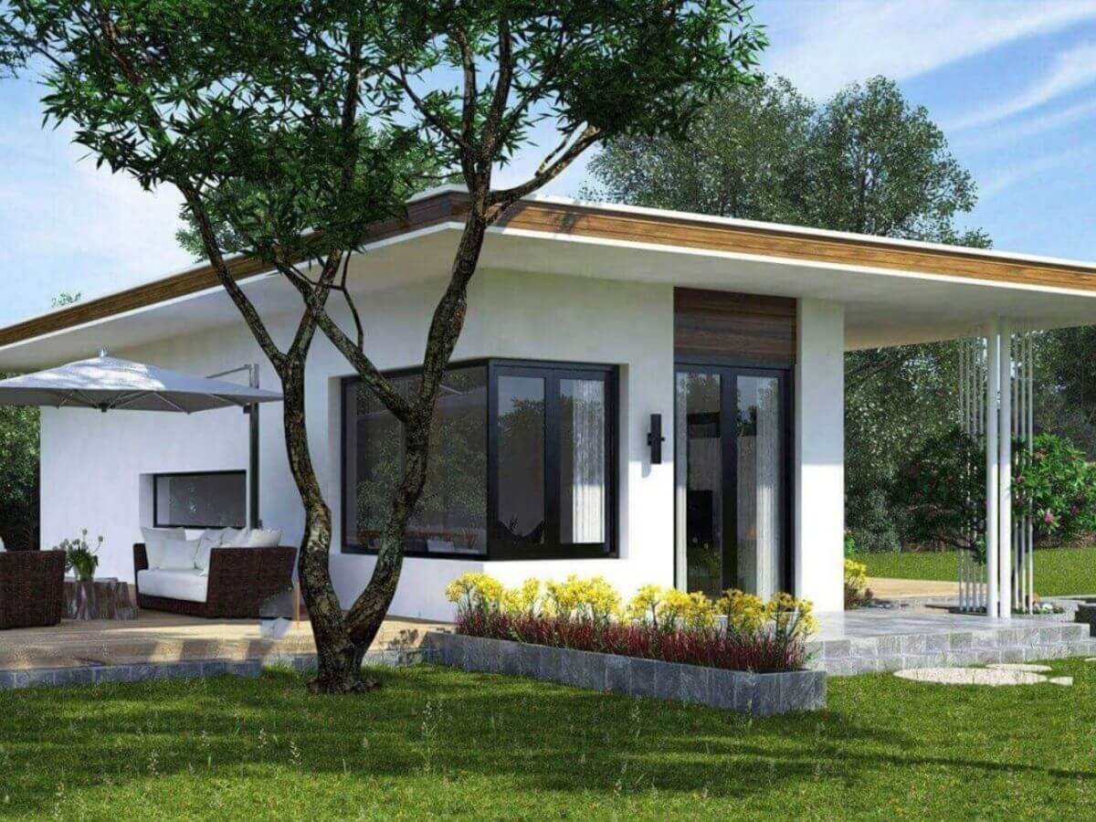 Bố tr&iacute; s&acirc;n vườn v&agrave; kh&ocirc;ng gian thư gi&atilde;n ngo&agrave;i trời cho nh&agrave; 1 tầng ở n&ocirc;ng th&ocirc;n