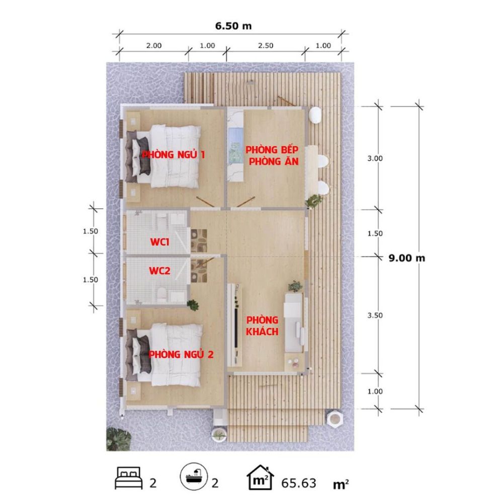 Bản vẽ c&aacute;ch bố tr&iacute; nh&agrave; 1 tầng 2 ph&ograve;ng ngủ