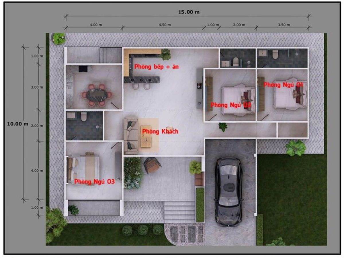 Bản vẽ thiết kế mẫu nh&agrave; 1 tầng 3 ph&ograve;ng ngủ đầy đủ tiện nghi