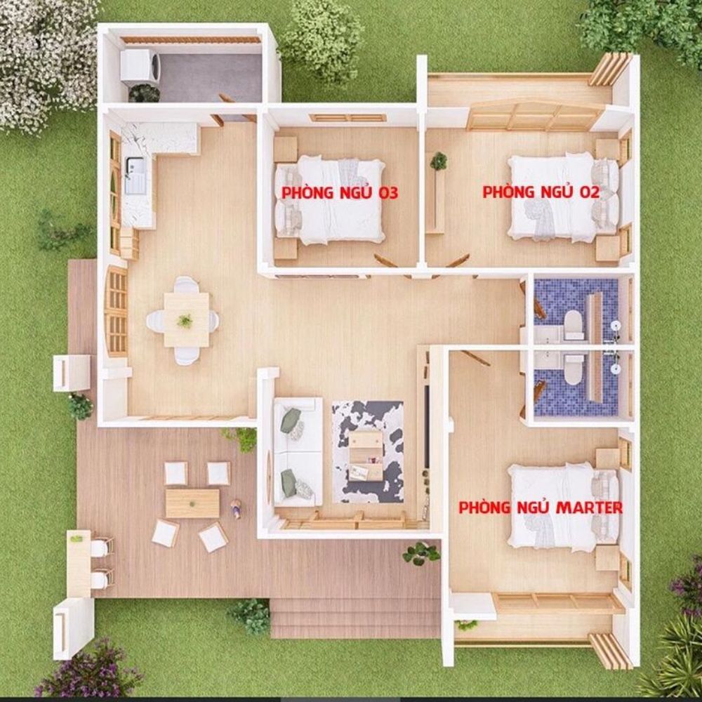 Bản vẽ mẫu nh&agrave; 1 tầng ở n&ocirc;ng th&ocirc;n c&oacute; 3 ph&ograve;ng ngủ c&oacute; s&acirc;n vườn