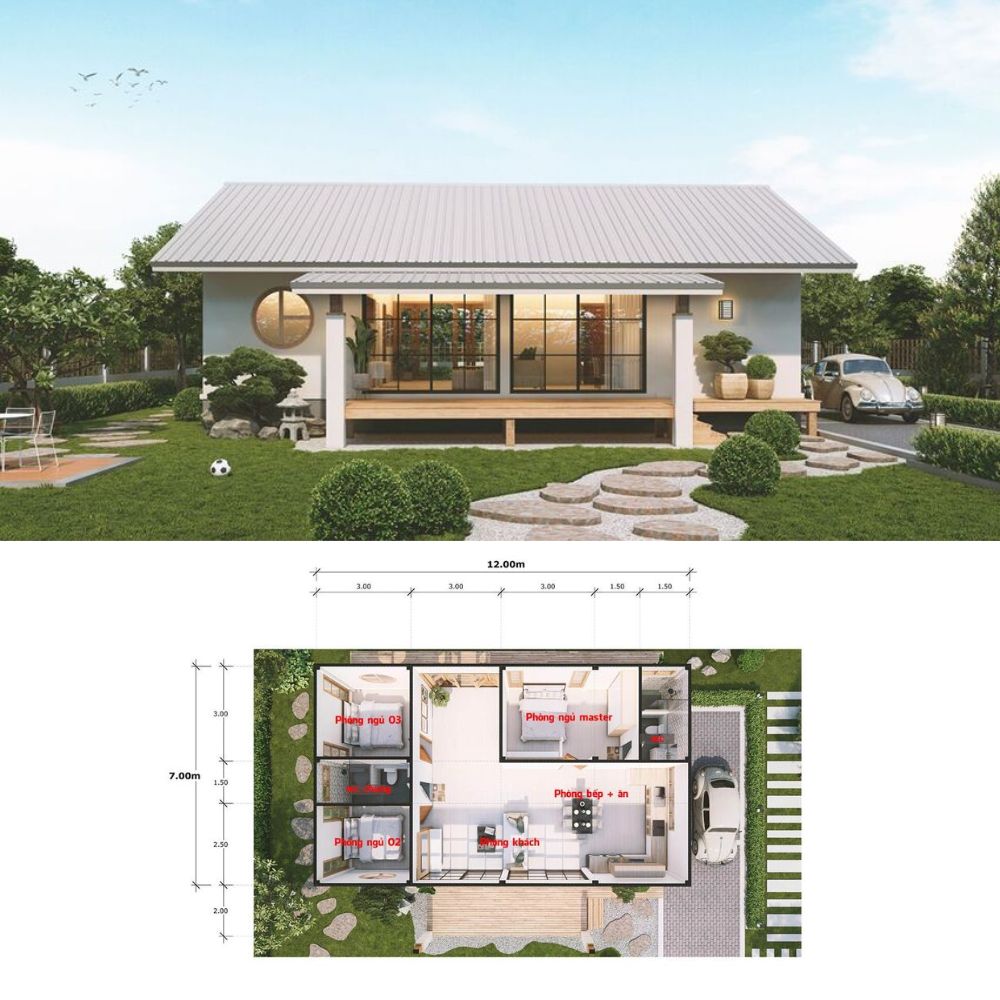 Mẫu nh&agrave; 1 tầng 3 ph&ograve;ng ngủ m&aacute;i Nhật gần gũi thi&ecirc;n nhi&ecirc;n c&ugrave;ng bản vẽ bố tr&iacute; kh&ocirc;ng gian b&ecirc;n trong