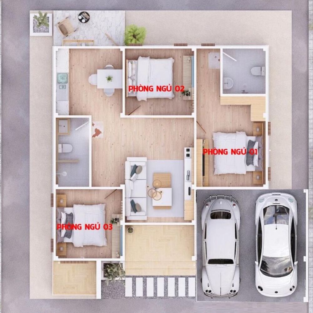 C&aacute;ch bố tr&iacute; kh&ocirc;ng gian với 3 ph&ograve;ng ngủ bao quanh ph&ograve;ng kh&aacute;ch của nh&agrave; 1 tầng