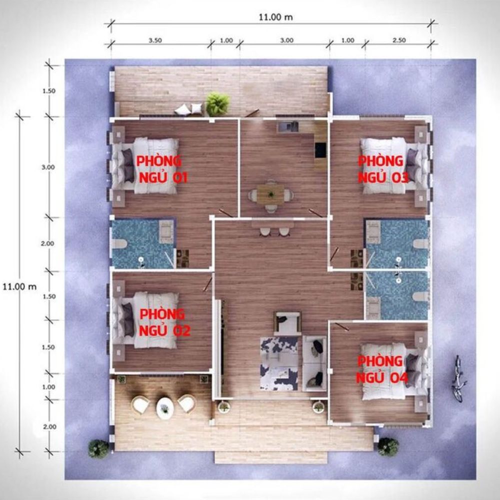 Bản vẽ thiết kế nh&agrave; 1 tầng 4 ph&ograve;ng ngủ th&ocirc;ng tho&aacute;ng, tiện nghi