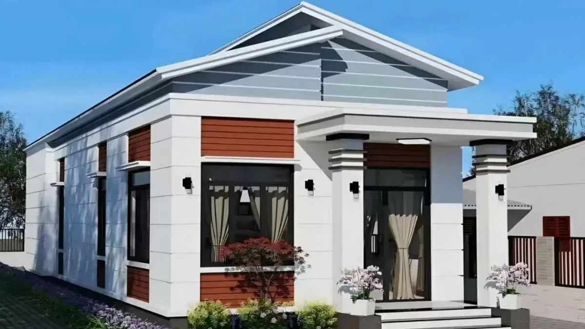 Mẫu nh&agrave; 1 tầng m&aacute;i lệch sử dụng những gam m&agrave;u trung t&iacute;nh kết hợp c&ugrave;ng cửa k&iacute;nh lớn