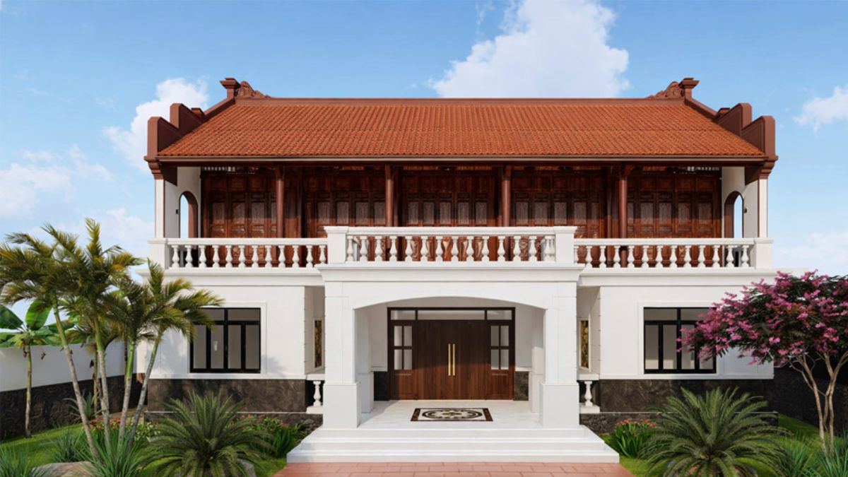 Mẫu nh&agrave; gỗ 5 gian s&acirc;n vườn kết hợp giữa n&eacute;t truyền thống v&agrave; hiện đại