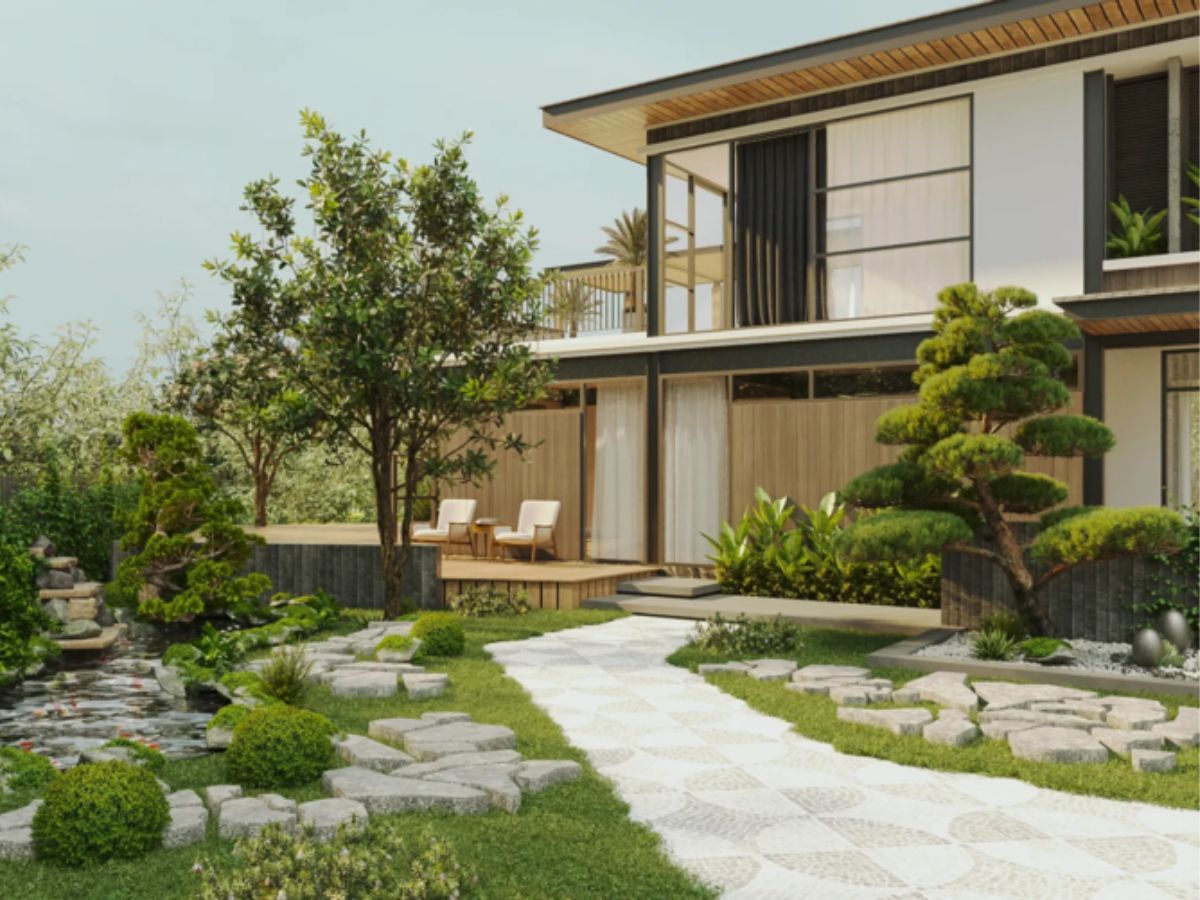 Nh&agrave; gỗ s&acirc;n vườn đẹp kết hợp tiểu cảnh mang lại kh&ocirc;ng gian sinh động v&agrave; gần gũi thi&ecirc;n nhi&ecirc;n