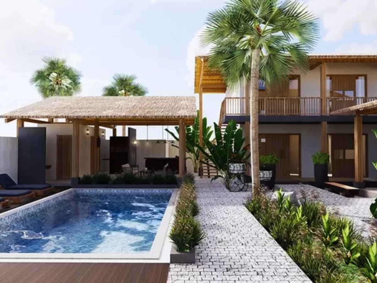 Nh&agrave; gỗ s&acirc;n vườn kết hợp hồ bơi