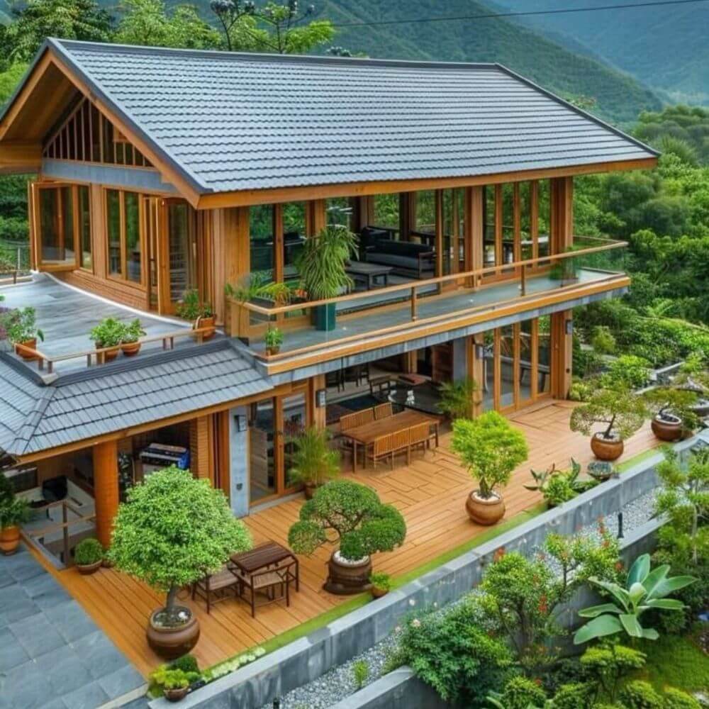 Mẫu nh&agrave; gỗ s&acirc;n vườn kiểu biệt thự rộng r&atilde;i, đẳng cấp