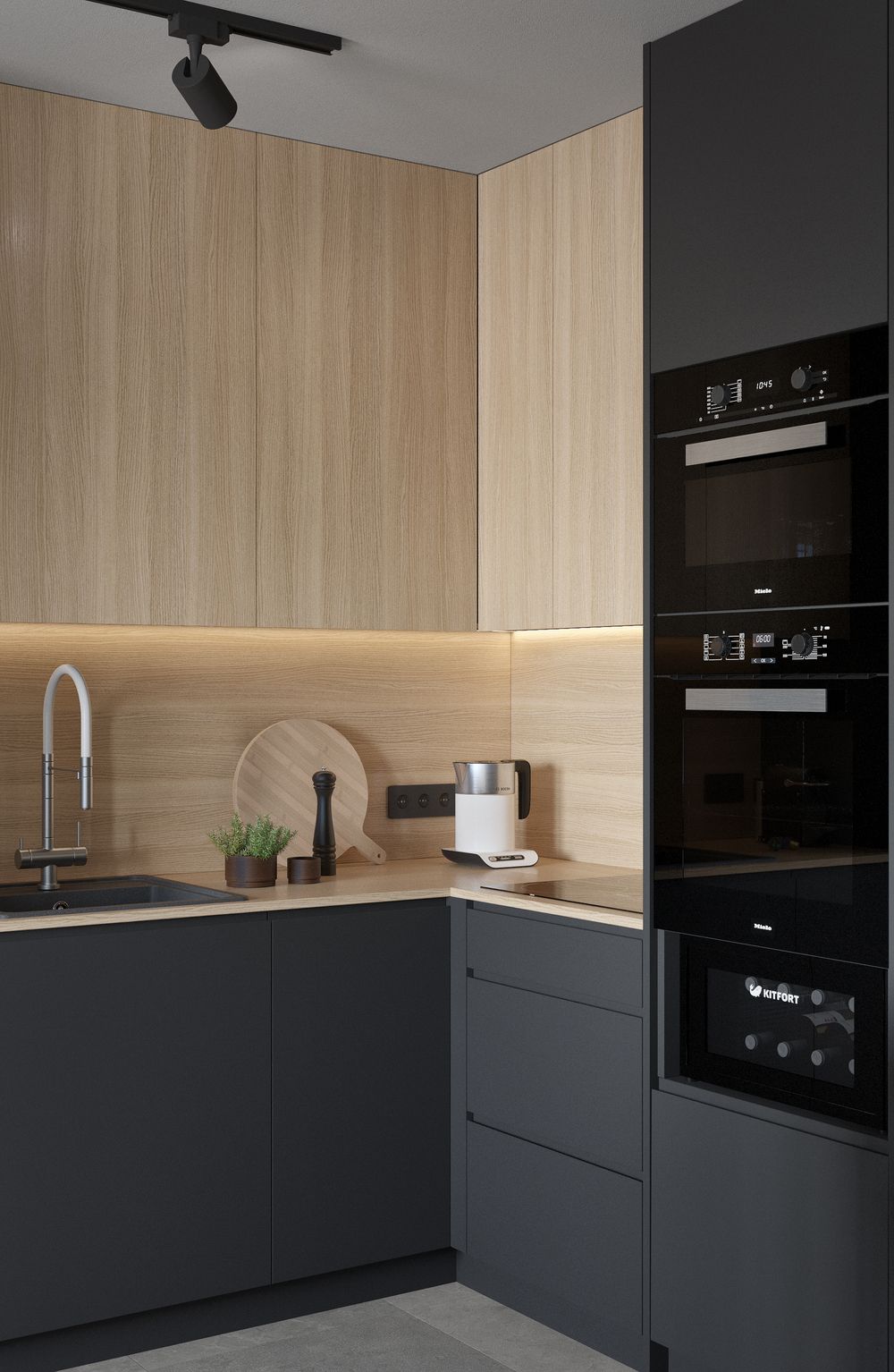 Tủ gỗ chữ L đem lại tính thống nhất, đồng bộ cho không gian