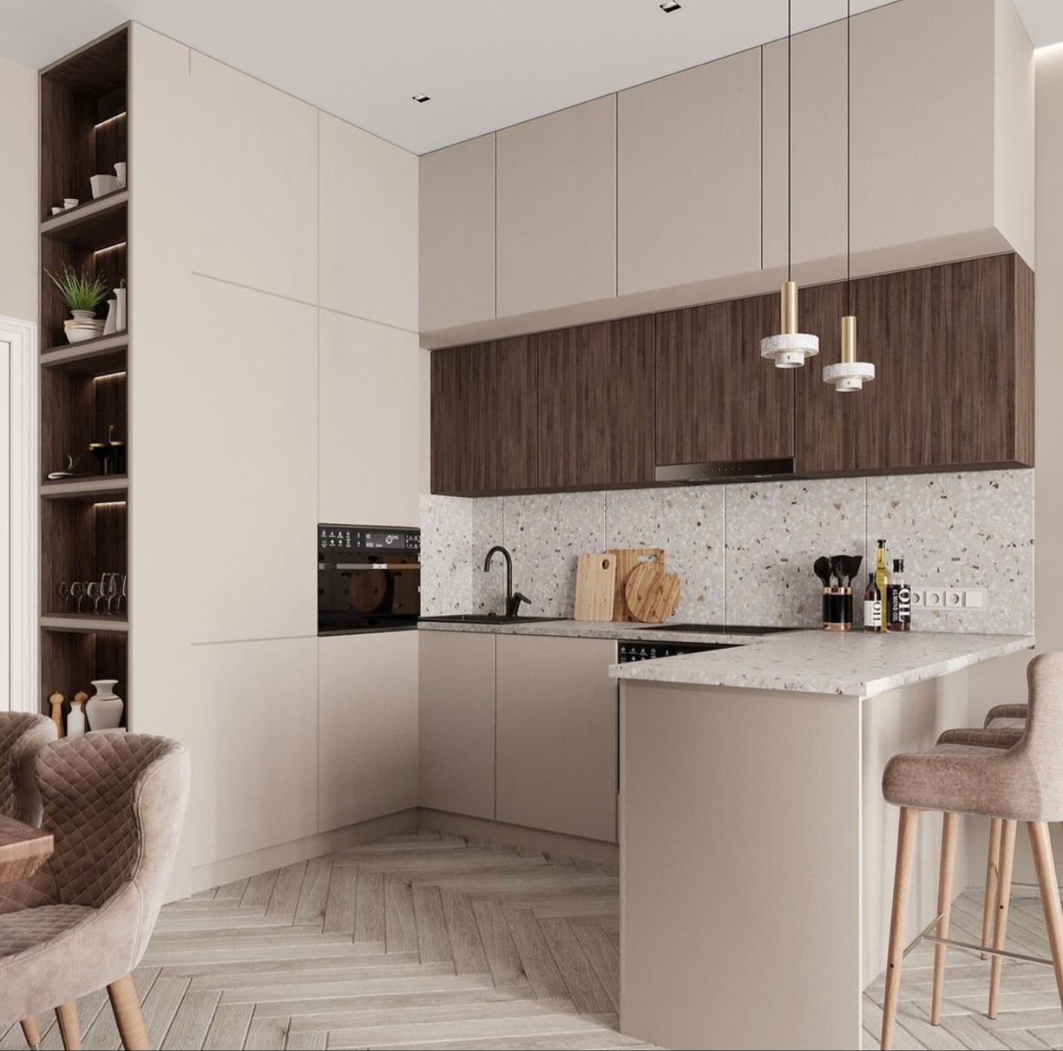 Thiết kế tủ bếp với bàn ăn nối liền tiện dụng