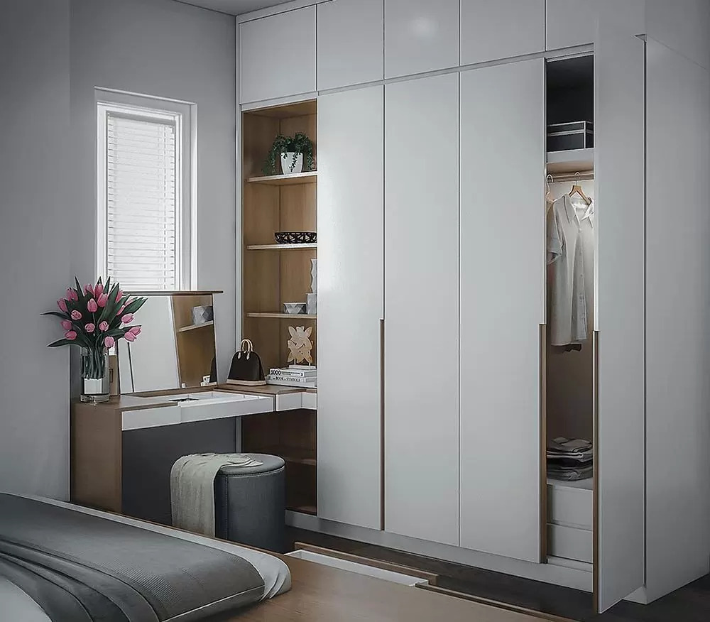 Tủ quần áo đa năng còn có thể kết hợp với bàn làm việc giúp tiết kiệm diện tích tối đa.