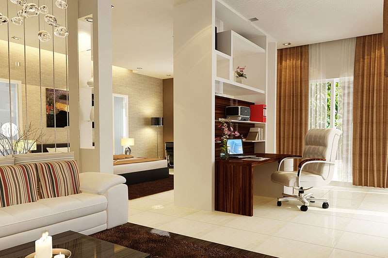 Vách ngăn thạch cao kết hợp bàn làm việc chắc chắn và tiện lợi