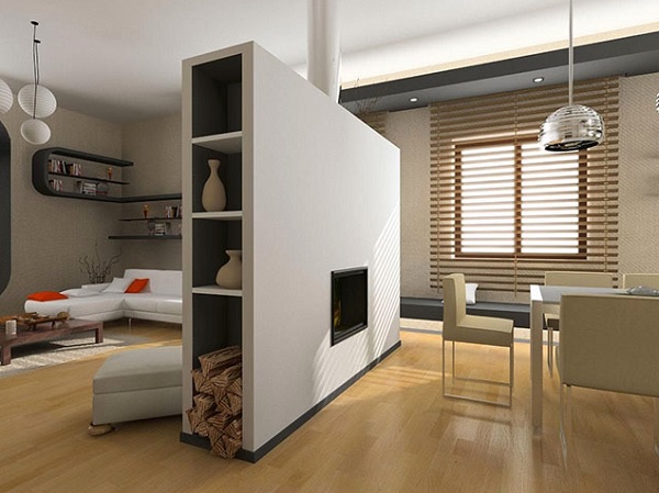 Vách ngăn nhỏ với thiết kế các ô đựng vật dụng ở hai bên, khoảng trống ở giữa có thể treo tranh hoặc khắc họa tiết