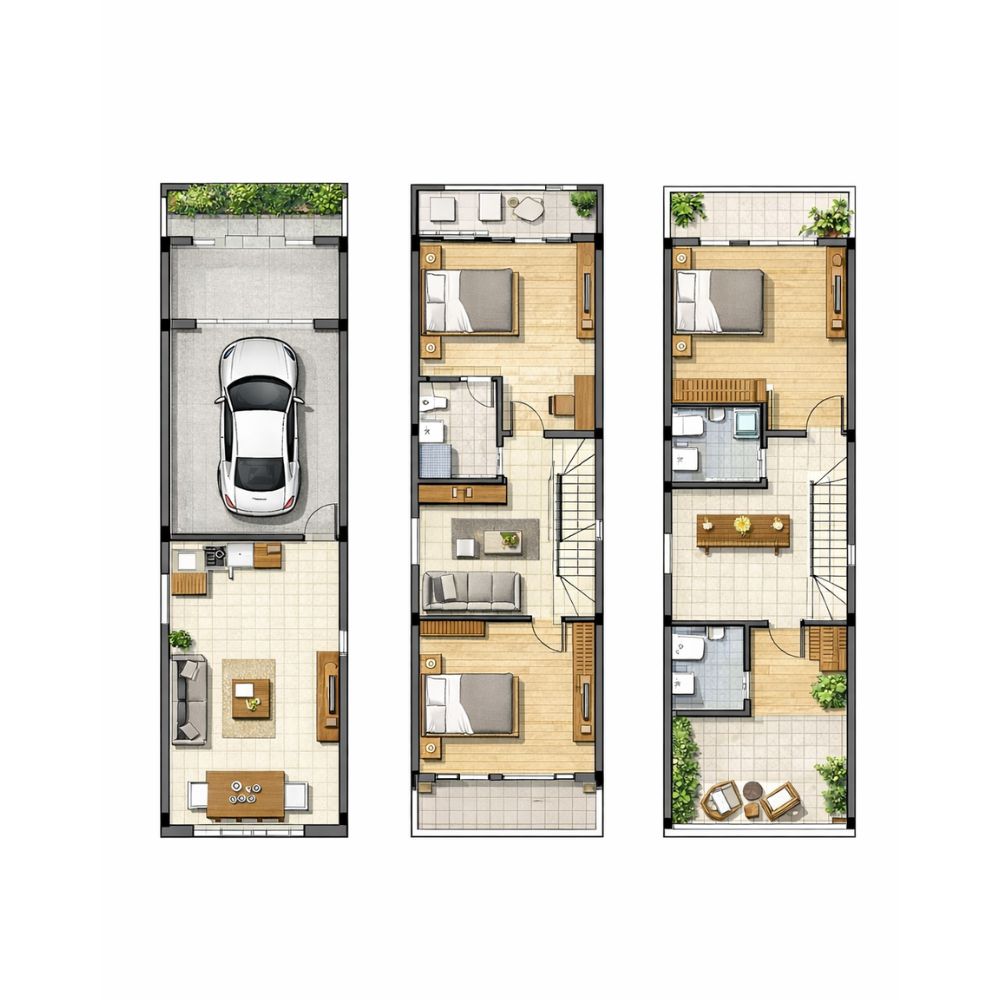 Bản vẽ bố tr&iacute; c&ocirc;ng năng cho nh&agrave; ống 3 tầng với đầy đủ tiện nghi