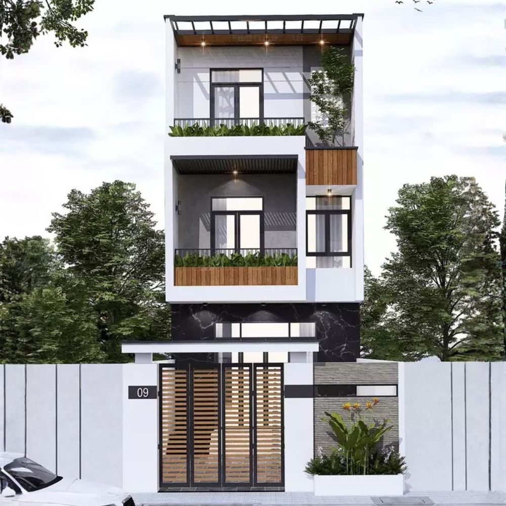 Nh&agrave; ống 3 tầng m&aacute;i bằng tối giản sử dụng c&acirc;y xanh, cửa k&iacute;nh để tạo điểm nhấn