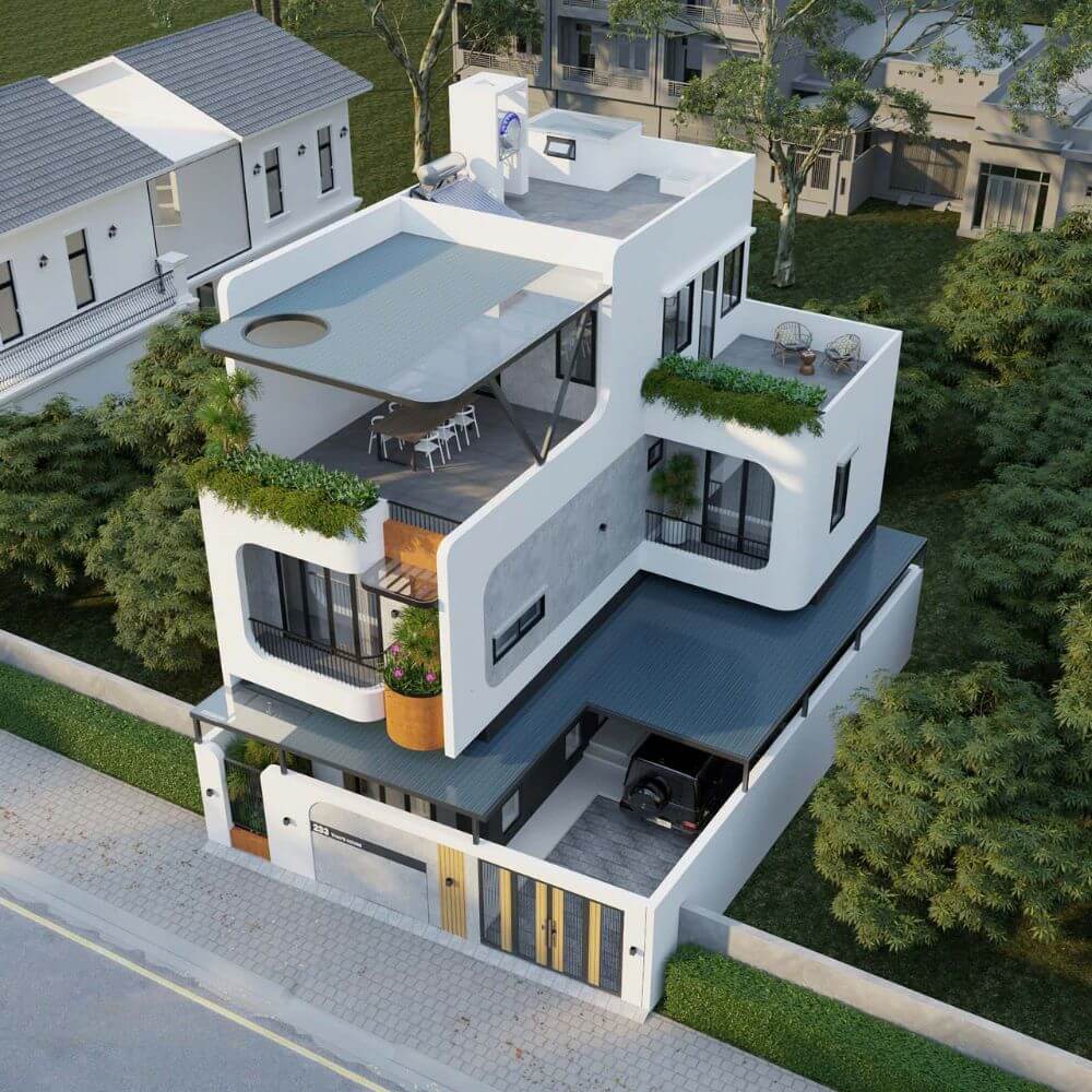 Tận dụng c&aacute;c g&oacute;c của nh&agrave; 3 tầng chữ L để l&agrave;m gara &ocirc; t&ocirc;
