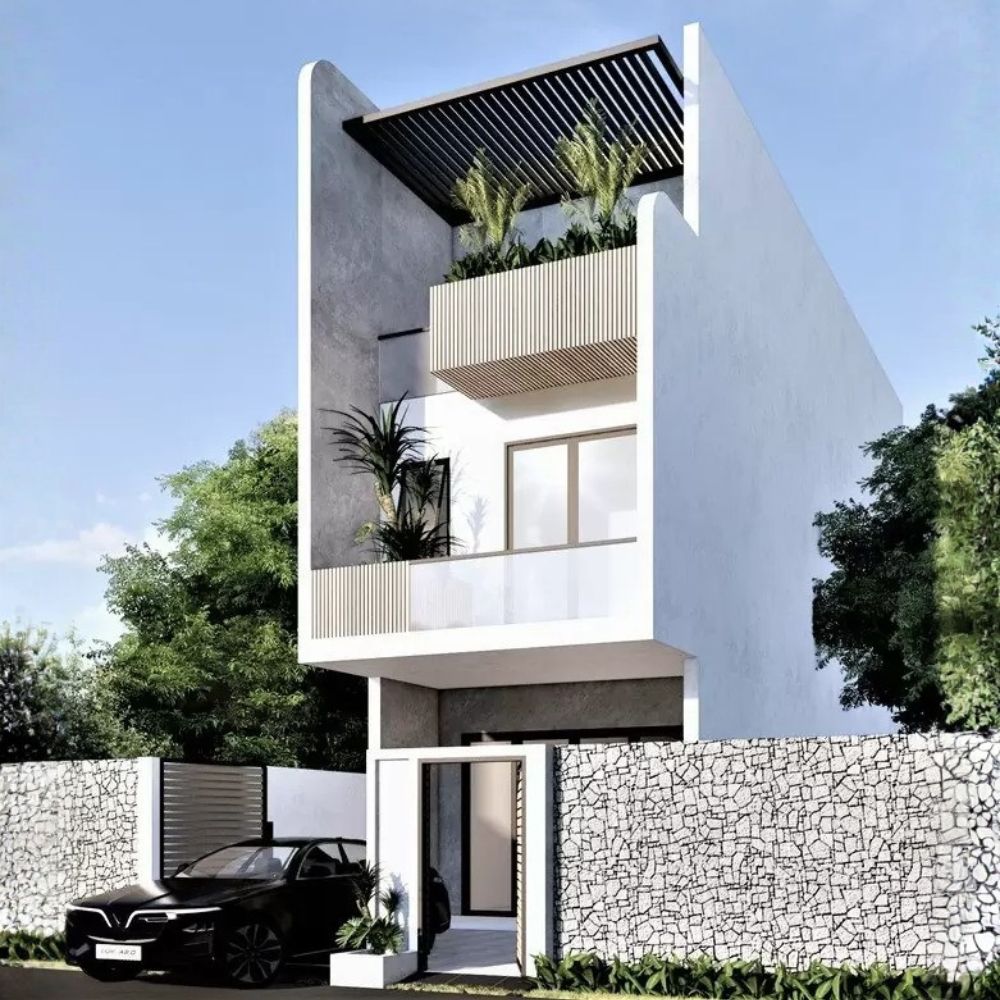 Thiết kế nh&agrave; 3 tầng hiện đại với t&ocirc;ng trắng chủ đạo