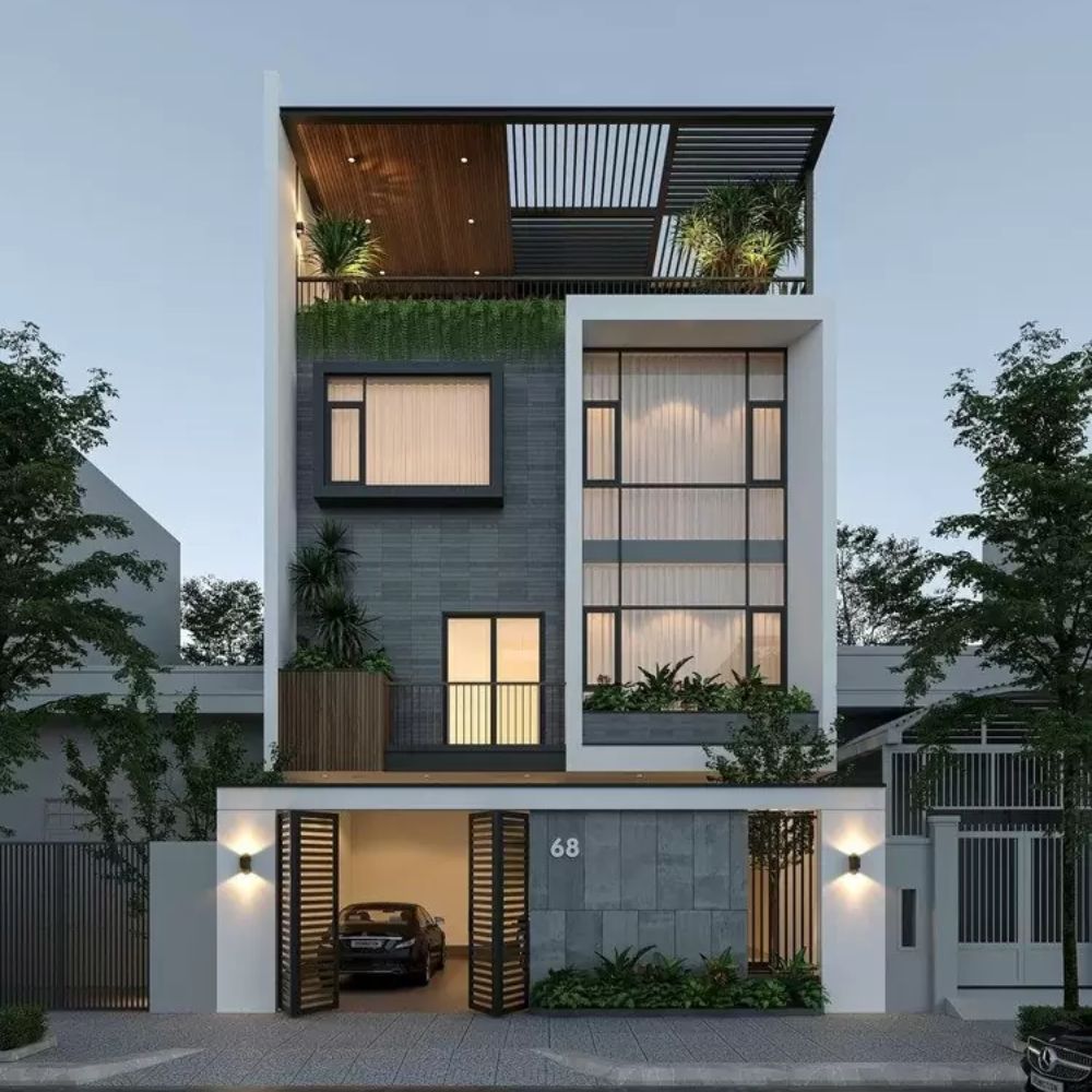 Nh&agrave; 3 tầng phong c&aacute;ch hiện đại thường sử dụng c&aacute;c vật liệu phổ biến như b&ecirc; t&ocirc;ng, k&iacute;nh cường lực, gạch trang tr&iacute;