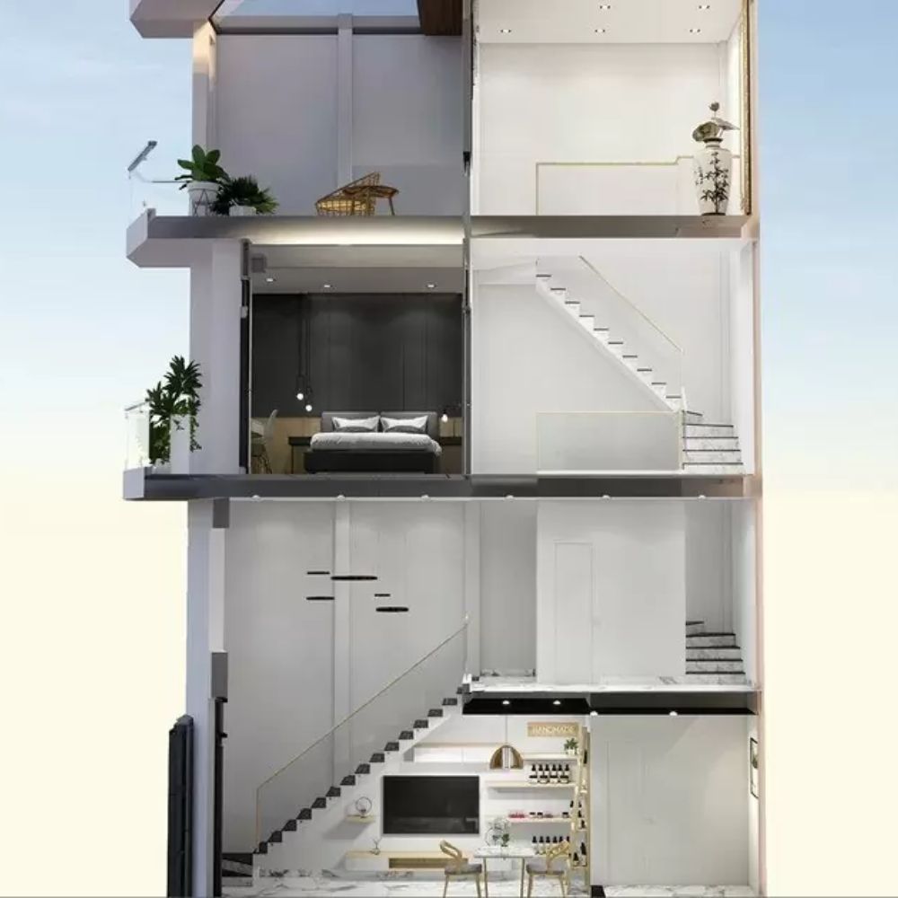 Bản vẽ 3D nh&agrave; 3 tầng đảm bảo đầy đủ tiện nghi
