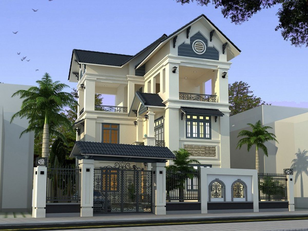 Nh&agrave; 3 tầng m&aacute;i Th&aacute;i giật cấp kết hợp cửa v&agrave; lan can sắt sang trọng, h&uacute;t mắt