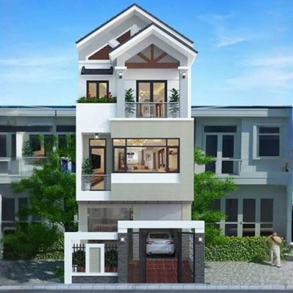 Nh&agrave; ống 3 tầng m&aacute;i Th&aacute;i hiện đại với hệ cửa k&iacute;nh lớn