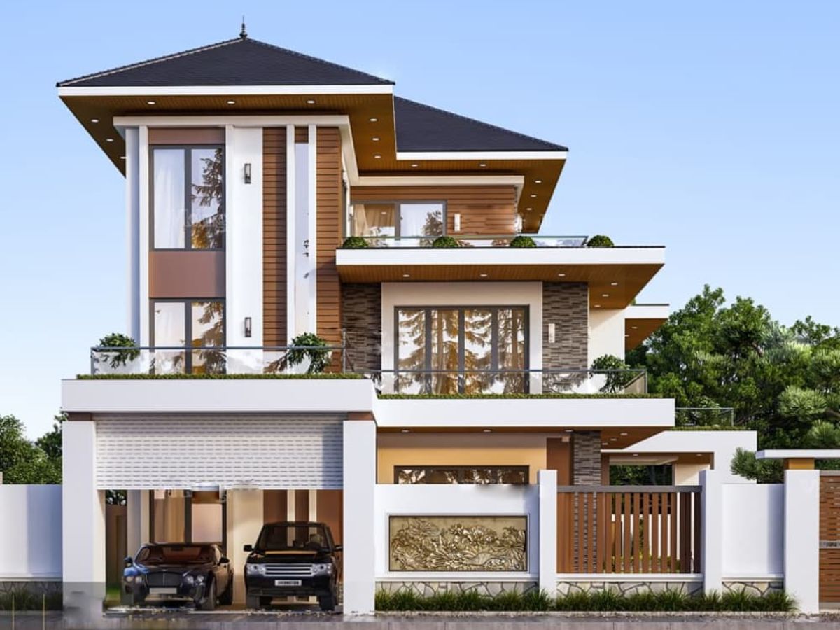 Nh&agrave; 3 tầng m&aacute;i Nhật hiện đại c&oacute; gam m&agrave;u trung t&iacute;nh c&ugrave;ng cửa k&iacute;nh lớn, t&iacute;ch hợp gara &ocirc; t&ocirc; hiện đại