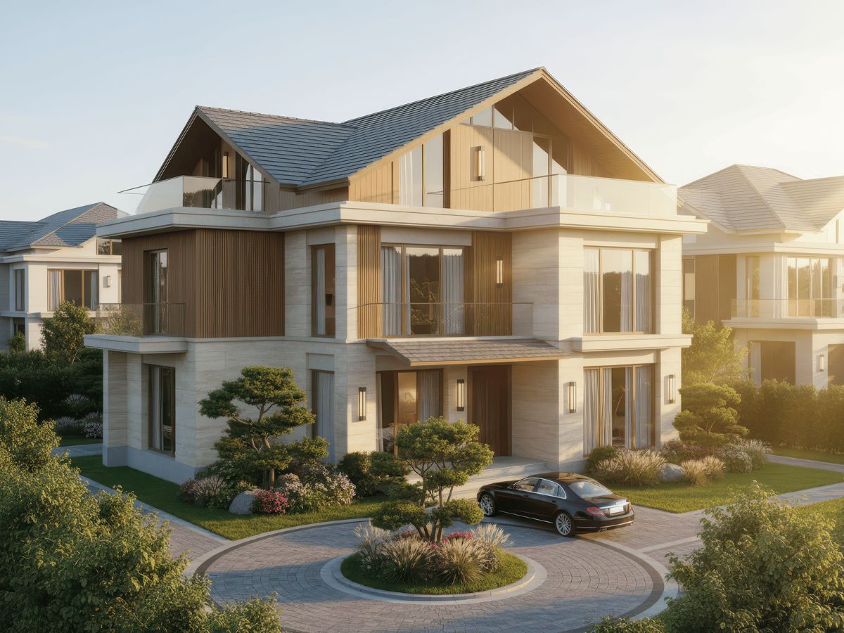 Nh&agrave; phố 3 tầng m&aacute;i Nhật 5 s&acirc;n vườn g&acirc;y ấn tượng nhờ m&aacute;i dốc nhẹ, đường n&eacute;t tinh giản v&agrave; c&aacute;ch phối m&agrave;u trang nh&atilde;