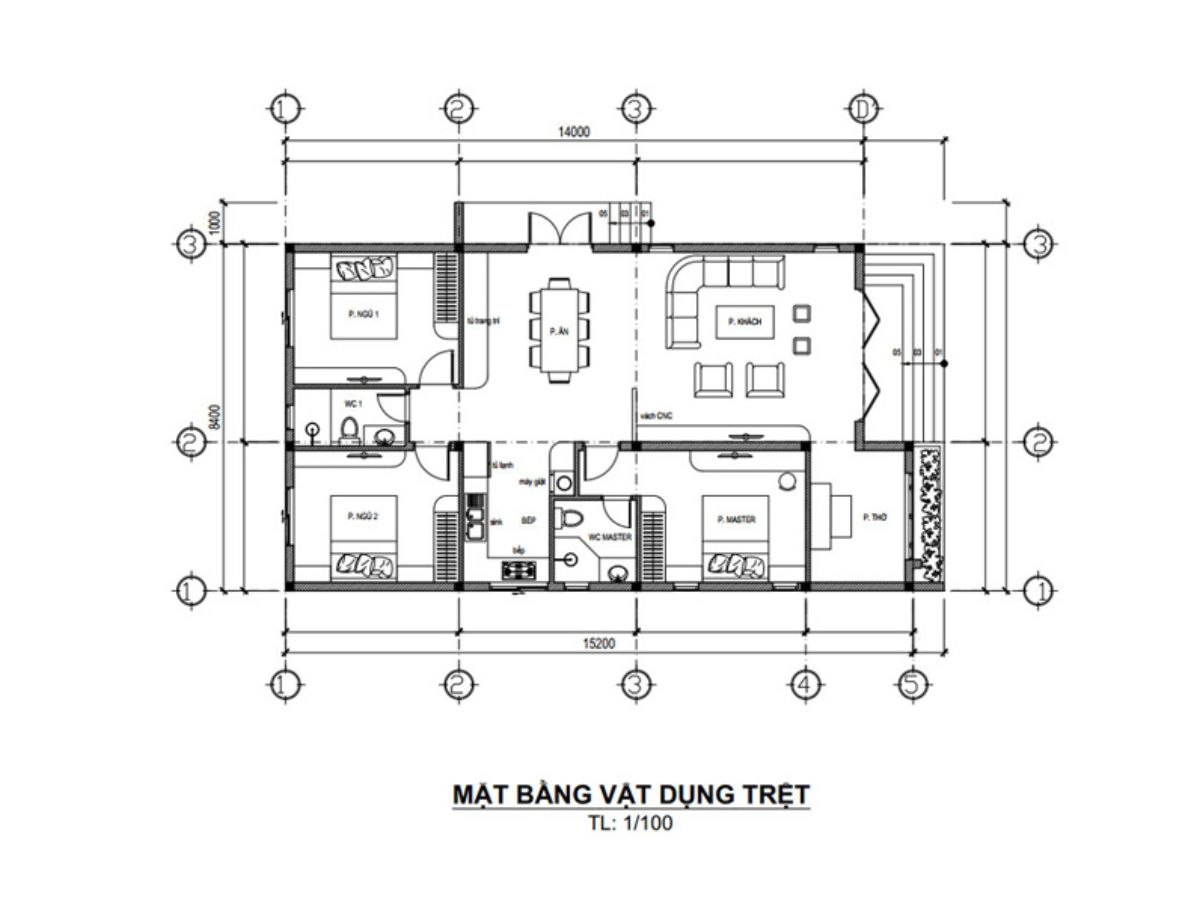 Bản vẽ thiết kế nh&agrave; m&aacute;i lệch 2 ph&ograve;ng ngủ gọn g&agrave;ng