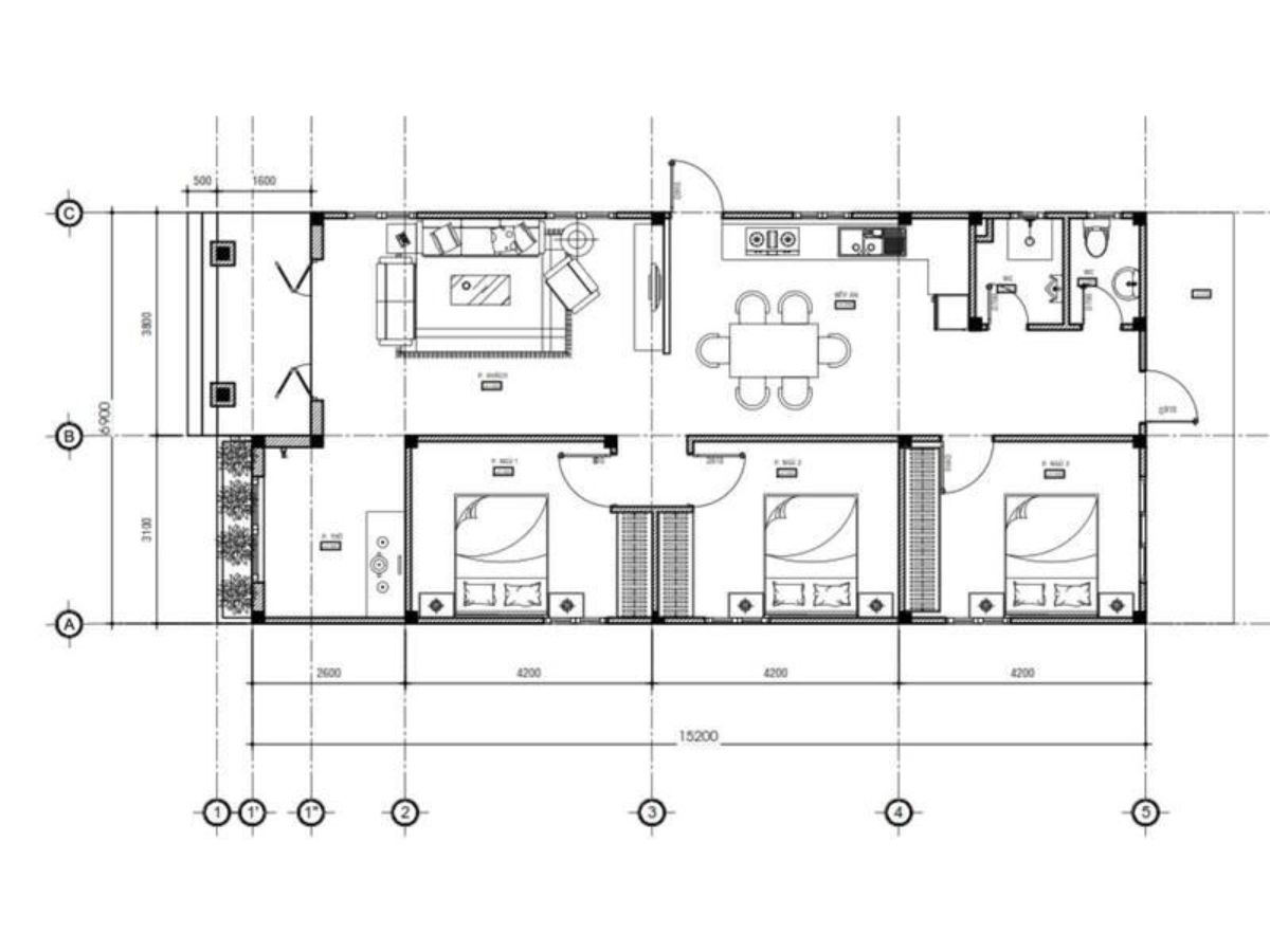 Bản vẽ thiết kế nh&agrave; cấp 4 m&aacute;i lệch 3 ph&ograve;ng ngủ tiện nghi