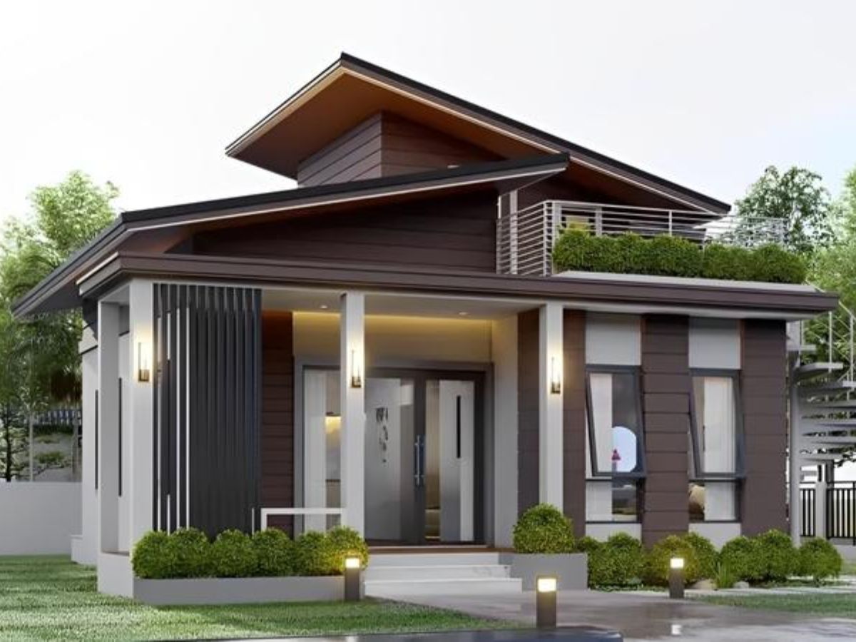 Mẫu nh&agrave; m&aacute;i lệch c&oacute; g&aacute;c lửng đẹp, hiện đại