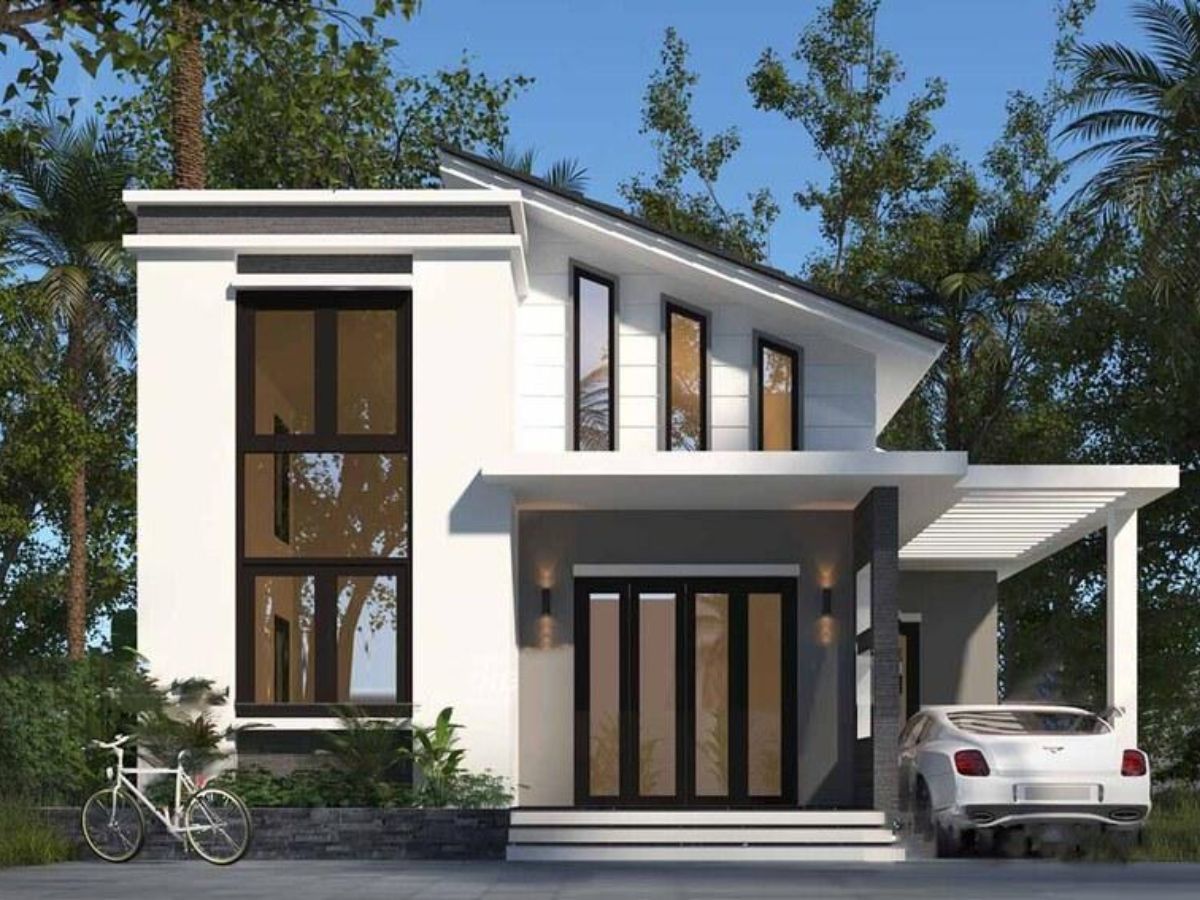 Nh&agrave; m&aacute;i lệch c&oacute; g&aacute;c lửng tạo điểm nhấn bắt mắt cho căn nh&agrave;