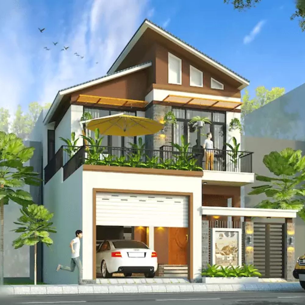 Mẫu nh&agrave; m&aacute;i lệch kết hợp với gara &ocirc; t&ocirc; hiện đại