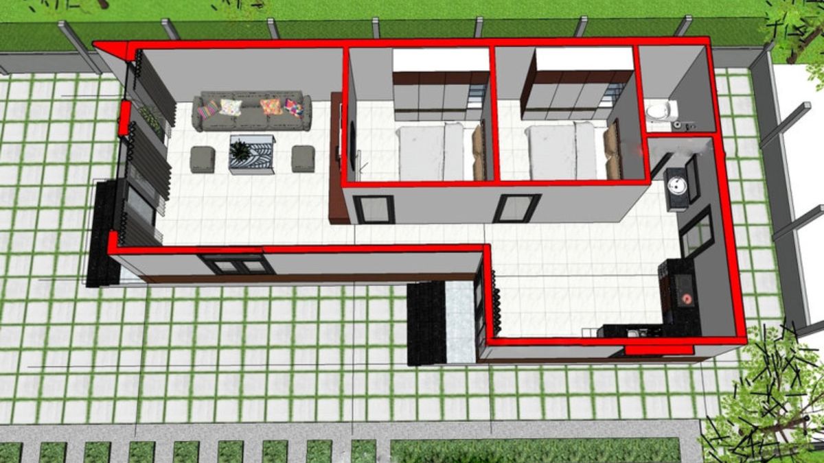 Bản vẽ thiết nh&agrave; chữ L với khu vực sinh hoạt chung v&agrave; khu ph&ograve;ng ngủ được ngăn c&aacute;ch