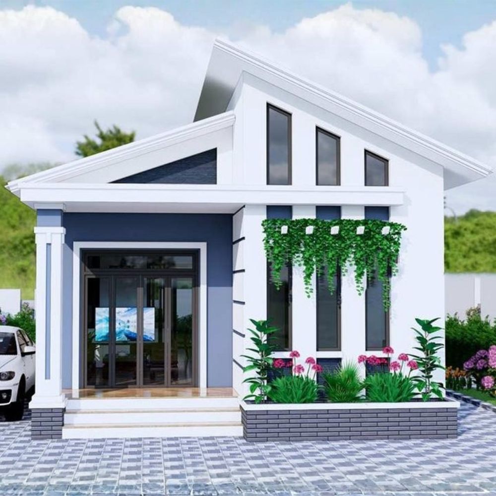 Mẫu nh&agrave; m&aacute;i lệch đơn giản với gam trắng thanh lịch