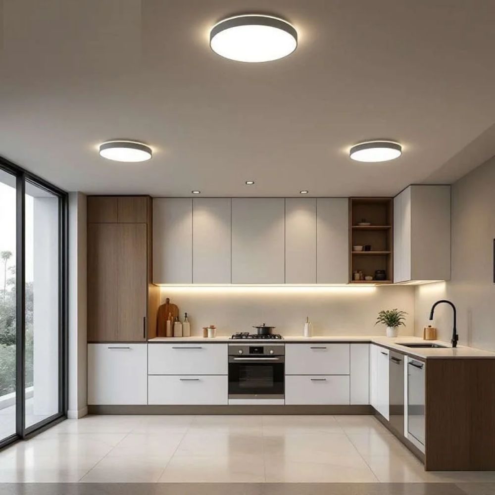 Trang tr&iacute; căn bếp với đ&egrave;n Led dưới tủ bếp v&agrave; &acirc;m trần gi&uacute;p tiết kiệm kh&ocirc;ng gian