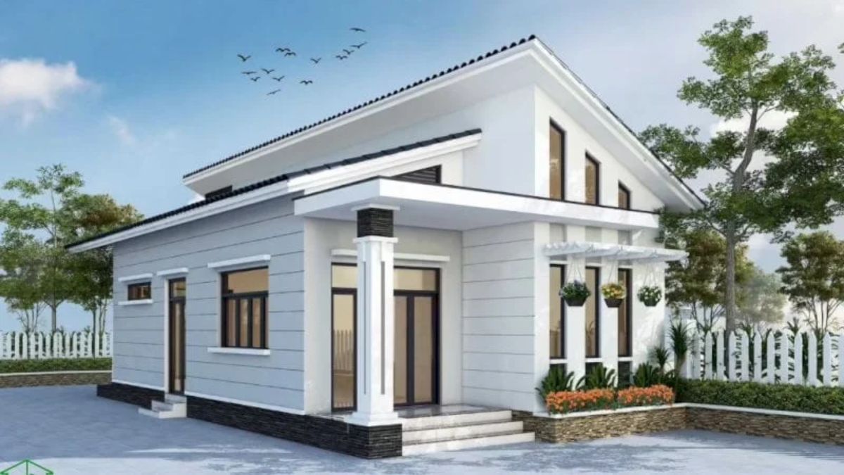 Mặt tiền nh&agrave; cấp 4 m&aacute;i lệch c&oacute; gam m&agrave;u s&aacute;ng thanh lịch c&ugrave;ng cửa k&iacute;nh lớn