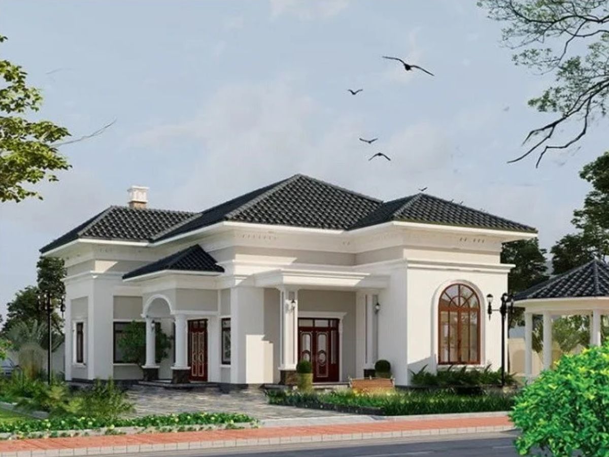 Mẫu mặt tiền nh&agrave; cấp 4 t&acirc;n cổ điển với hệ cột lớn vững chắc