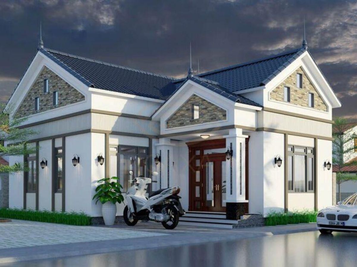 Thiết kế mặt tiền nh&agrave; cấp 4 m&aacute;i Th&aacute;i ở n&ocirc;ng th&ocirc;n kết hợp những gam m&agrave;u nhẹ nh&agrave;ng, thanh lịch