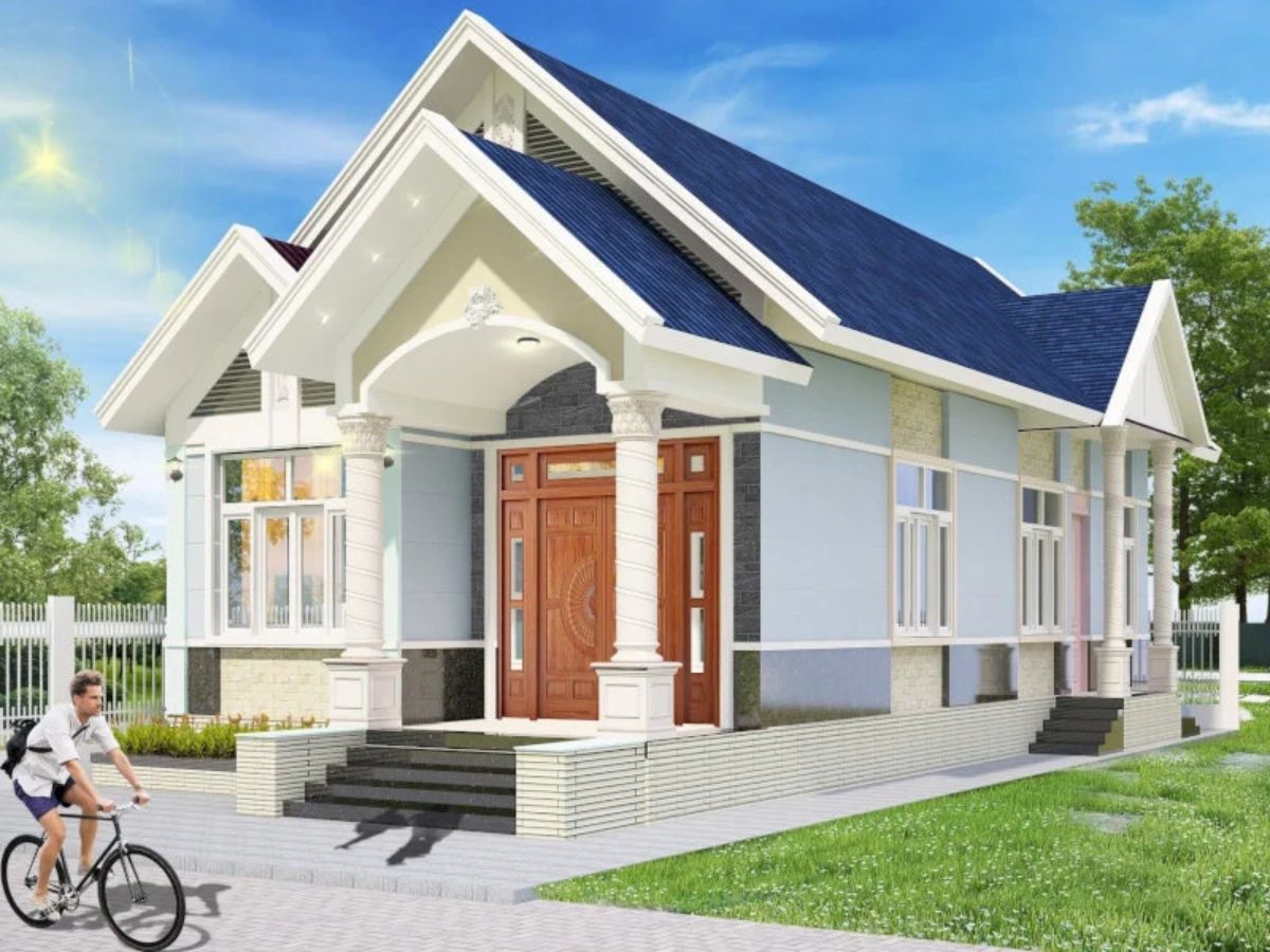 Mẫu mặt tiền nh&agrave; cấp 4 m&aacute;i Th&aacute;i với phần m&aacute;i xanh than nổi bật