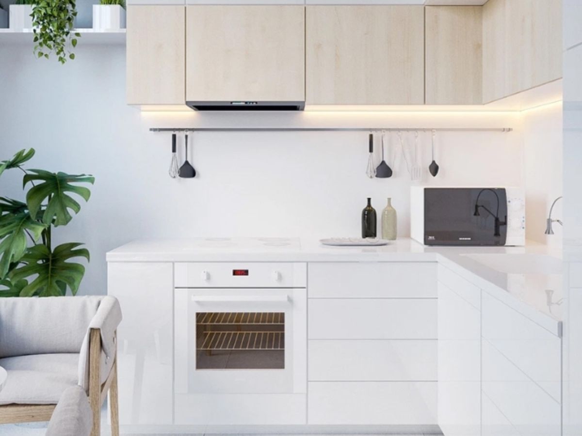 Mẫu nh&agrave; bếp nhỏ 5m2 t&ocirc;ng m&agrave;u s&aacute;ng