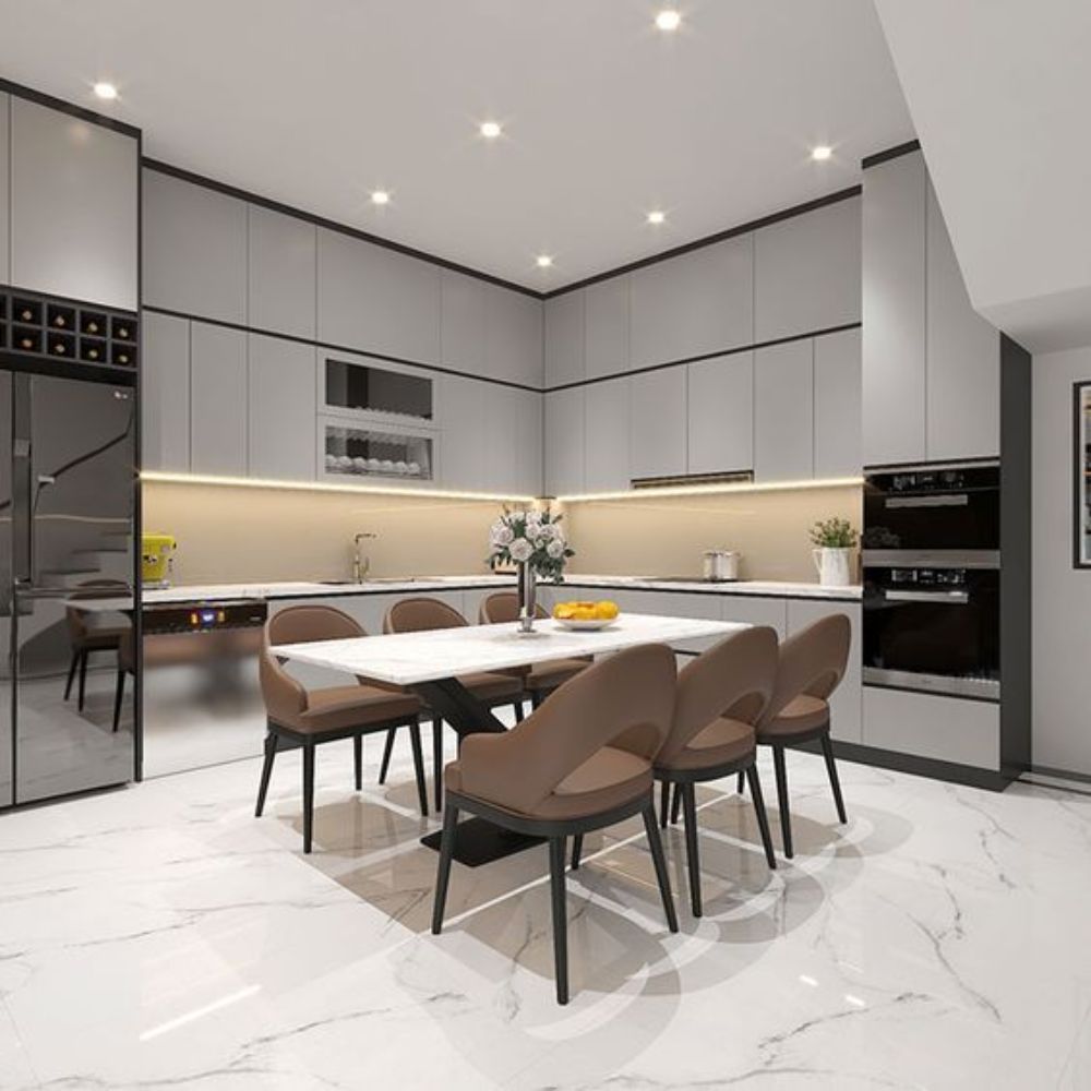 Mẫu nh&agrave; bếp hiện đại với c&aacute;c vật liệu hiện đại c&ugrave;ng c&aacute;c thiết bị bếp tiện nghi