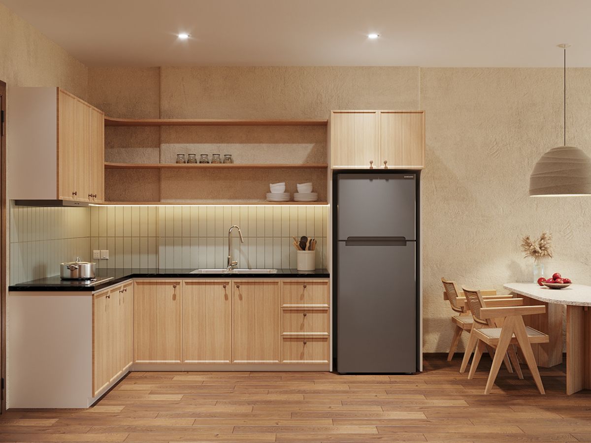 Mẫu ph&ograve;ng bếp nhỏ phong c&aacute;ch Wabi Sabi