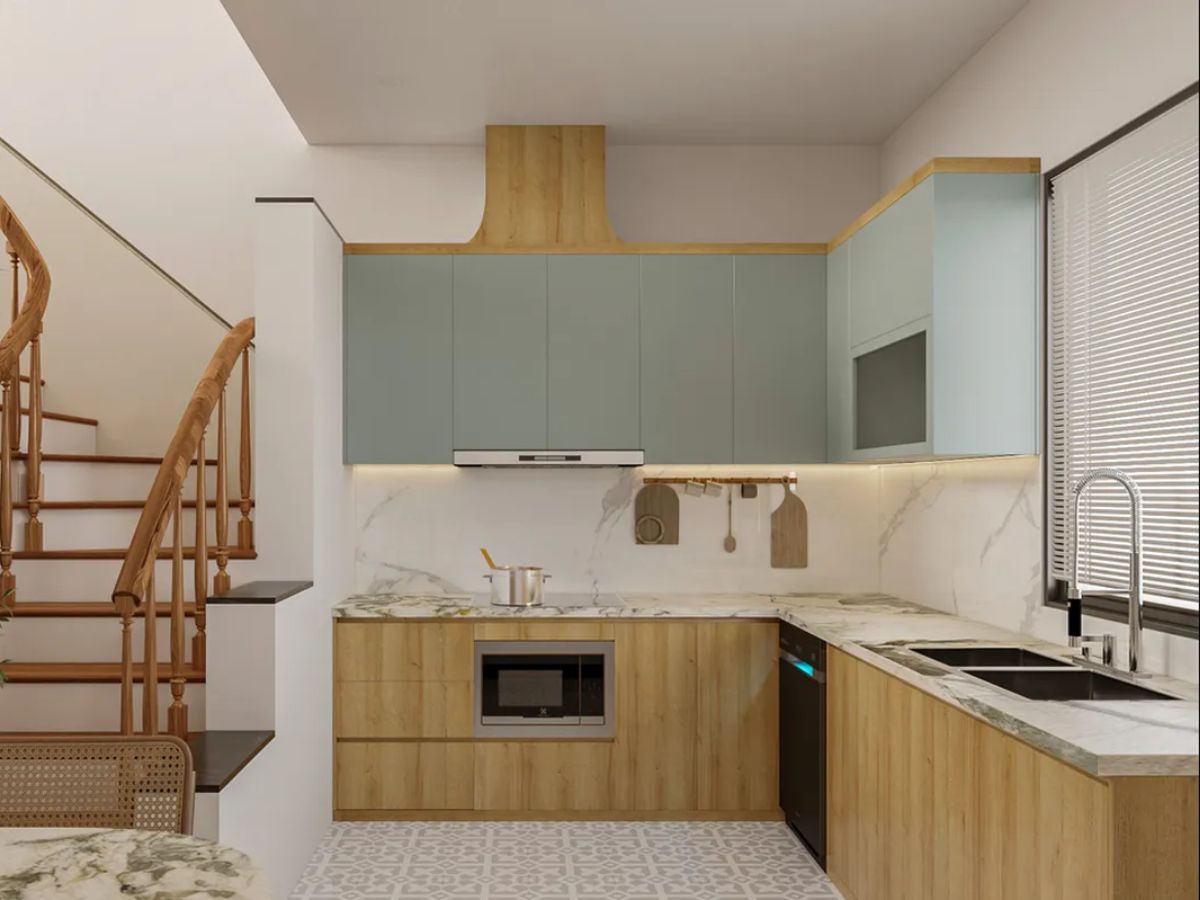 Ph&ograve;ng bếp phong c&aacute;ch Scandinavian với t&ocirc;ng m&agrave;u xanh - trắng - gỗ h&agrave;i h&ograve;a v&agrave; đầy đủ tiện nghi