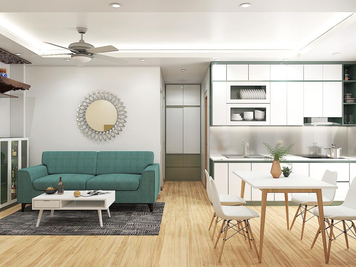 Nh&agrave; bếp nhỏ thiết kế mở li&ecirc;n th&ocirc;ng với ph&ograve;ng kh&aacute;ch